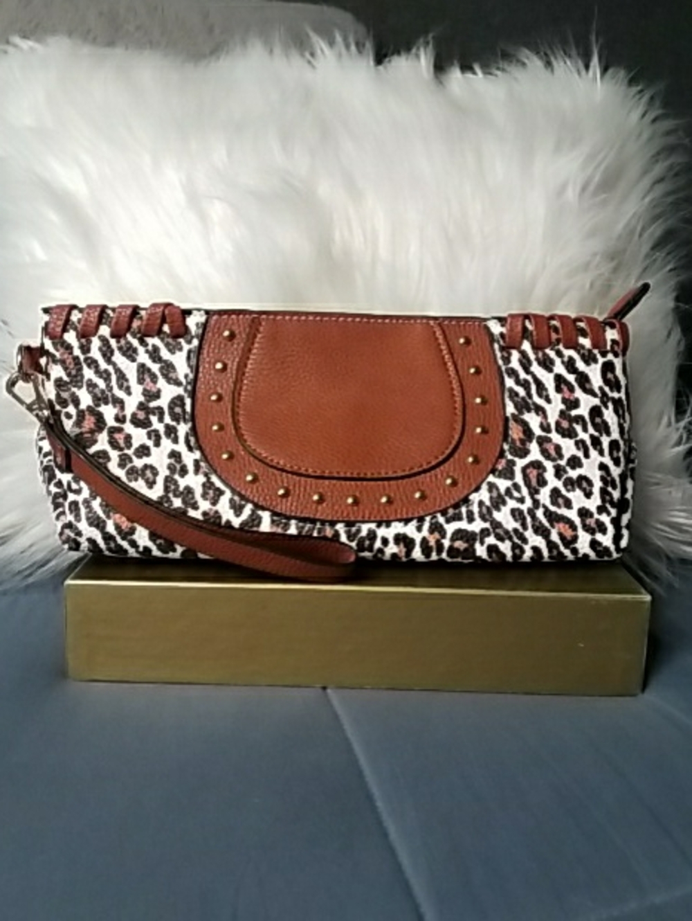 Cato Leopard Print Clutch with Brown Trim and Studs